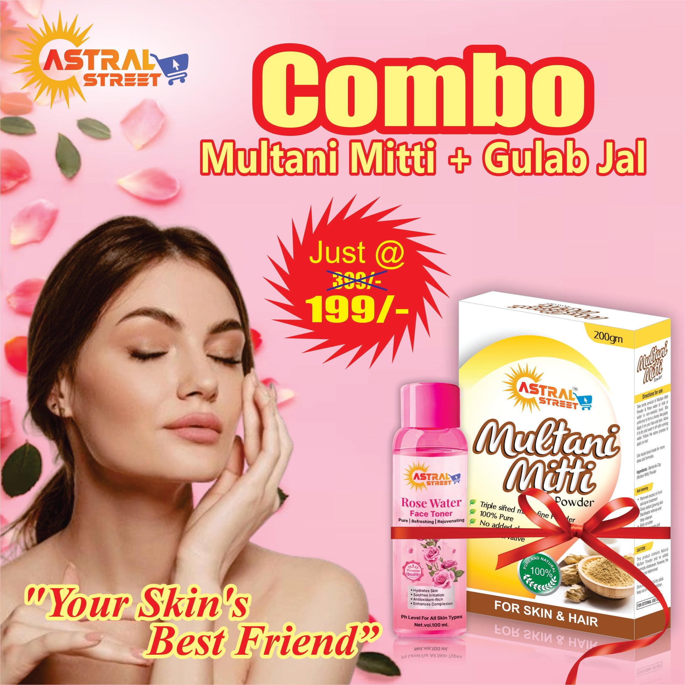 Multani Mitti & Rose Water Combo – Natural Skincare Duo for Glowing Skin, Oil Control & Pore Tightening – 200g + 100ml